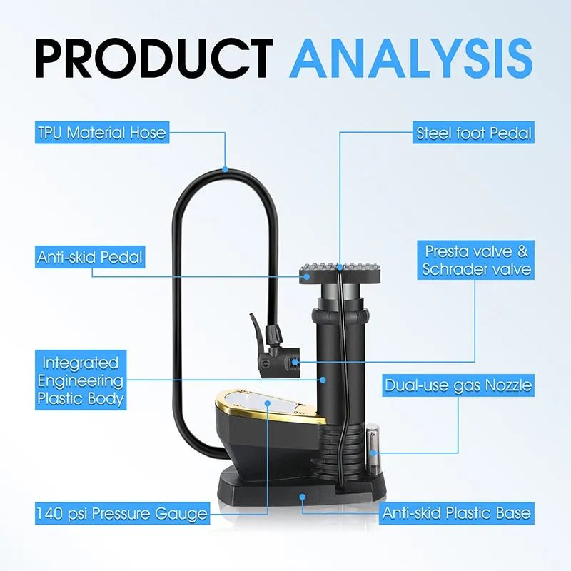 140PSI Bike Floor Pump Gauge Hose Alloy Tire Inflator Presta Schrader Valve Cycling Air Pump MTB Road Bicycle Pump