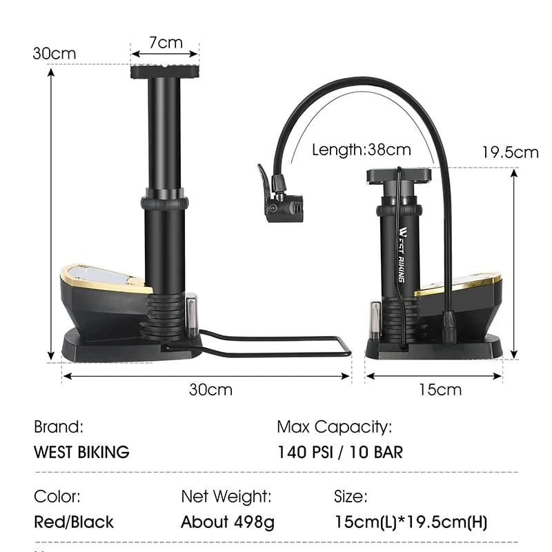 140PSI Bike Floor Pump Gauge Hose Alloy Tire Inflator Presta Schrader Valve Cycling Air Pump MTB Road Bicycle Pump