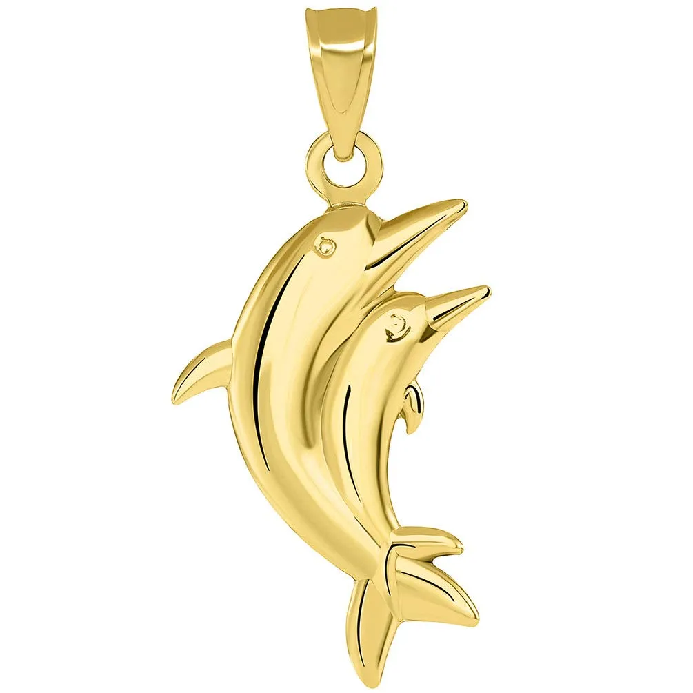 14k Gold 3D Two Dolphins Jumping Together Vertical Pendant with Cuban Necklace - Yellow Gold