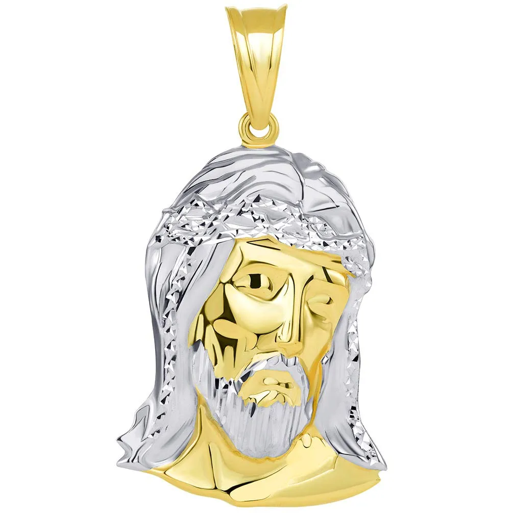 14k Gold Polished Two Tone Hollow Jesus Head Pendant with Cuban Chain Necklace - Yellow Gold