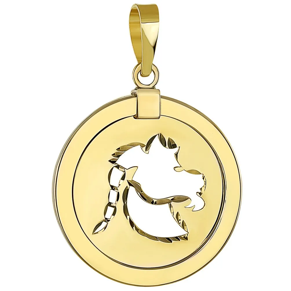 14K Gold Reversible Round Capricorn Goat Zodiac Sign Pendant with Figaro Chain Necklace - Yellow Gold