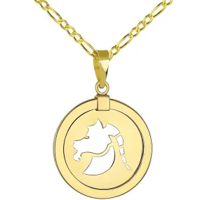 14K Gold Reversible Round Capricorn Goat Zodiac Sign Pendant with Figaro Chain Necklace - Yellow Gold