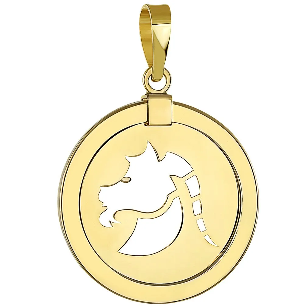 14K Gold Reversible Round Capricorn Goat Zodiac Sign Pendant with Figaro Chain Necklace - Yellow Gold