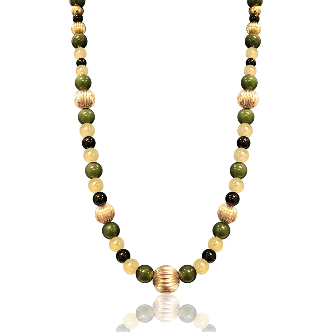 14K Yellow gold beaded necklace with jade and onyx