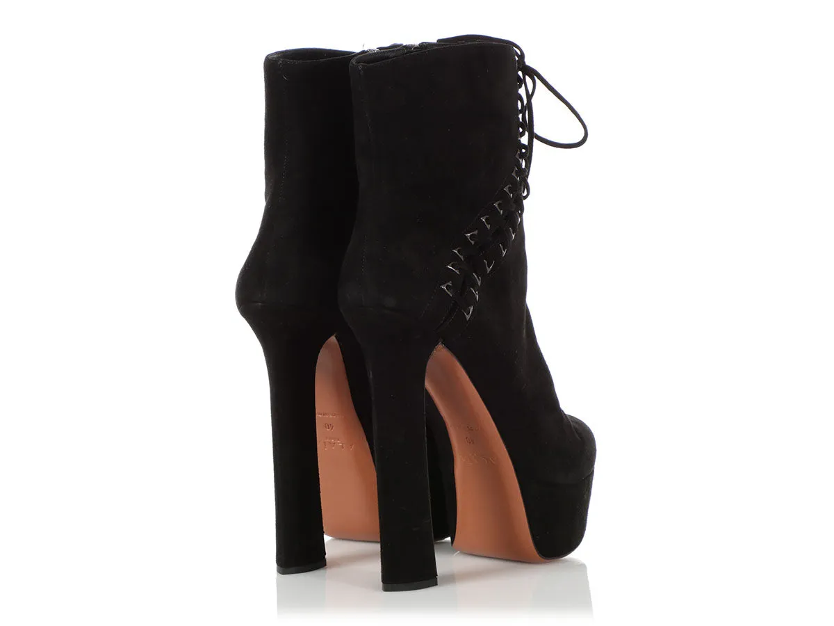 Alaïa Black Suede Lace Up Corset Platform Booties