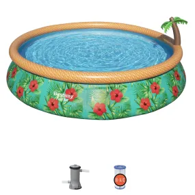 Bestway Fast Set Paradise Palms 15' x 33 Round Inflatable Outdoor Swimming Pool Set with Built-In Palm Tree Sprinkler and Filter Pump