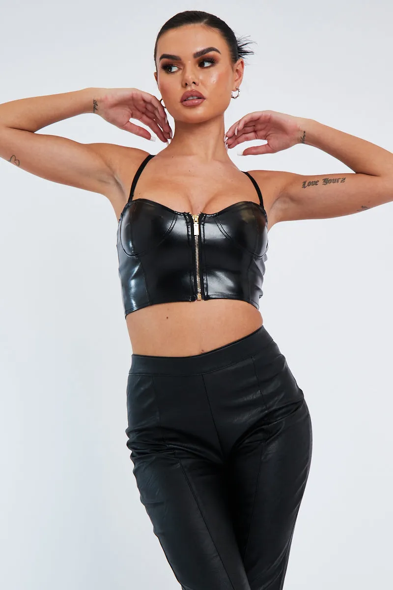 Black PU Leather Zip Front Crop Top - Jisha