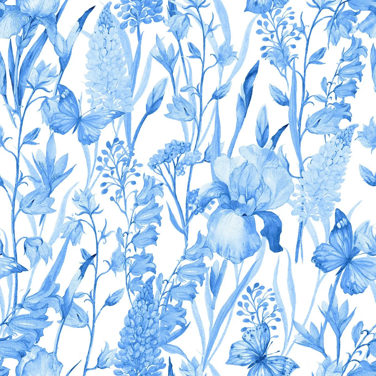 Blue Flowers and Butterflies Wallpaper