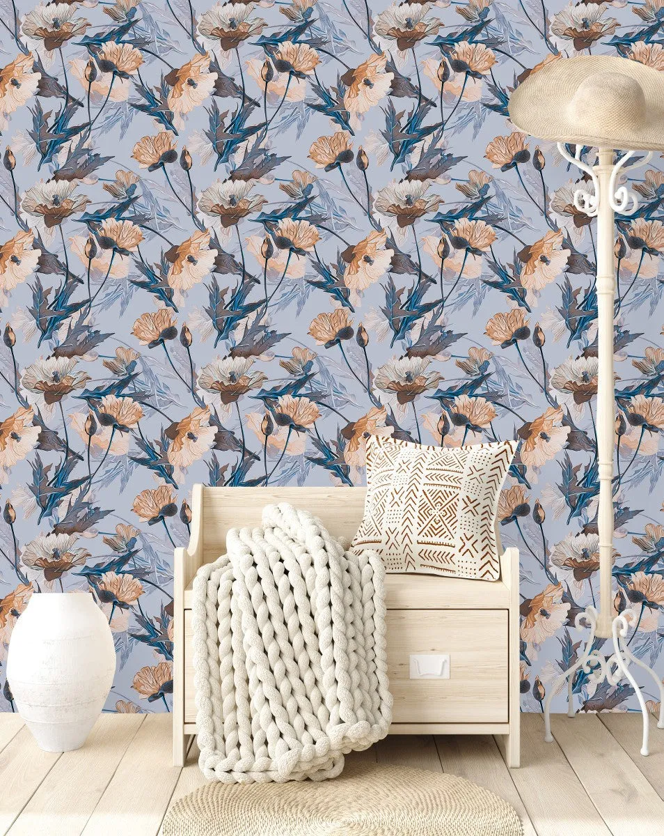 Blue Wallpaper with Beige Flowers