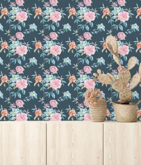 Blue Wallpaper with Pink Roses