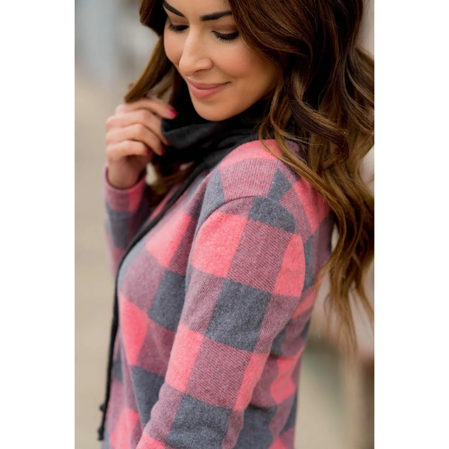 Buffalo Plaid Flutter Bottom Cowl Neck