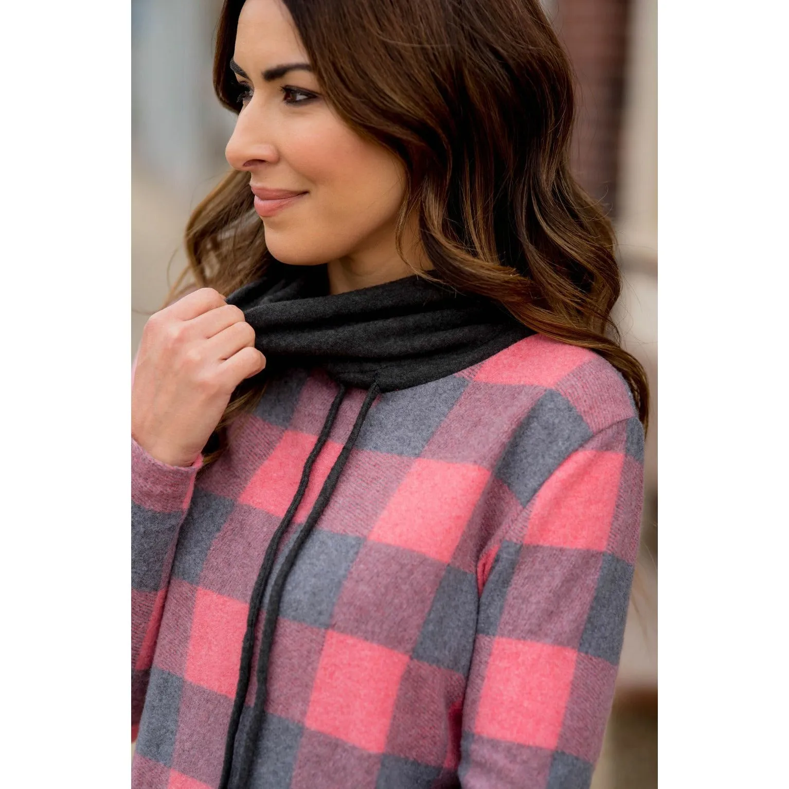 Buffalo Plaid Flutter Bottom Cowl Neck