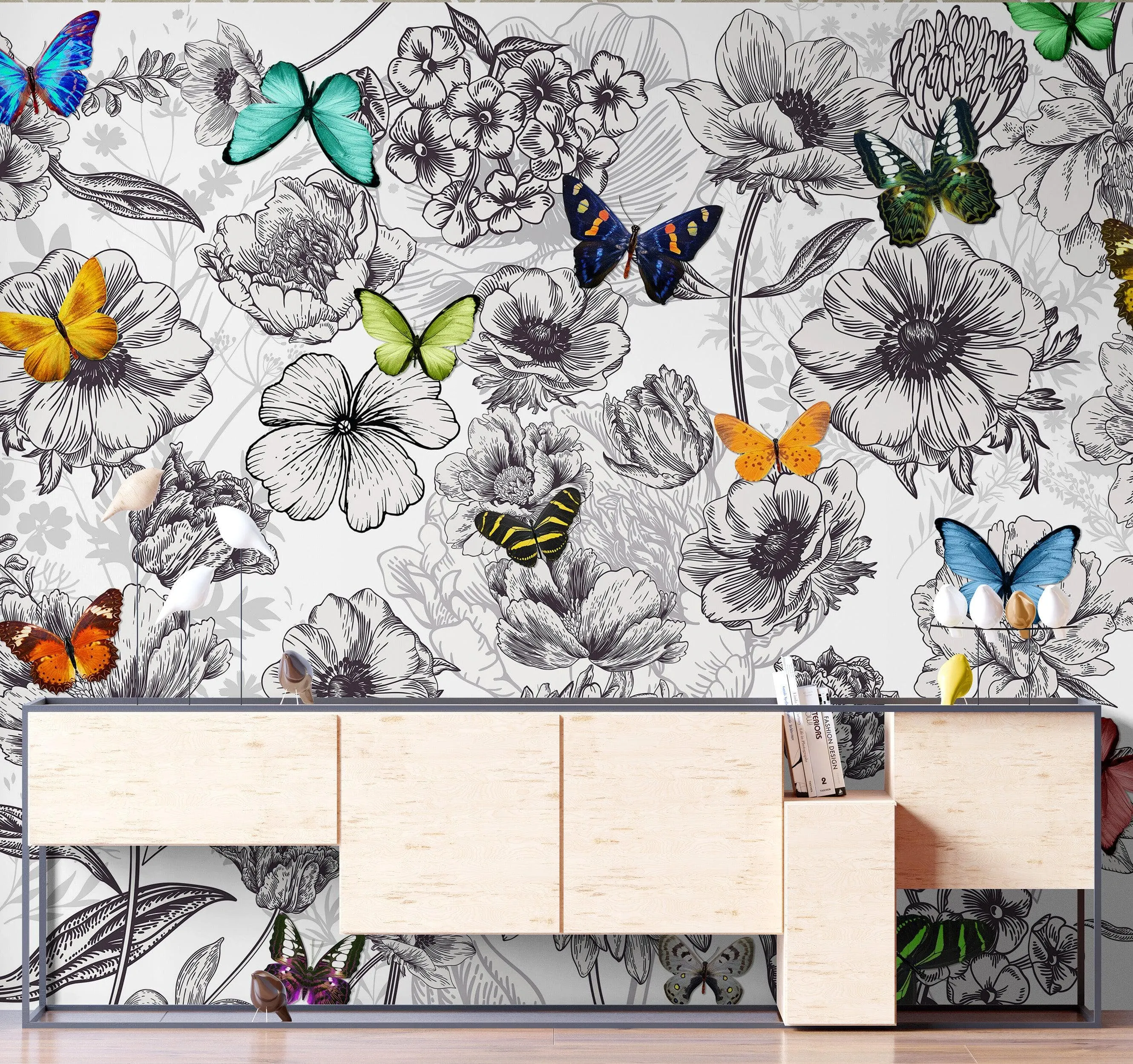 Butterflies in Flower Garden Wall Mural. Retro Black and White Illustration Floral Design. #6320