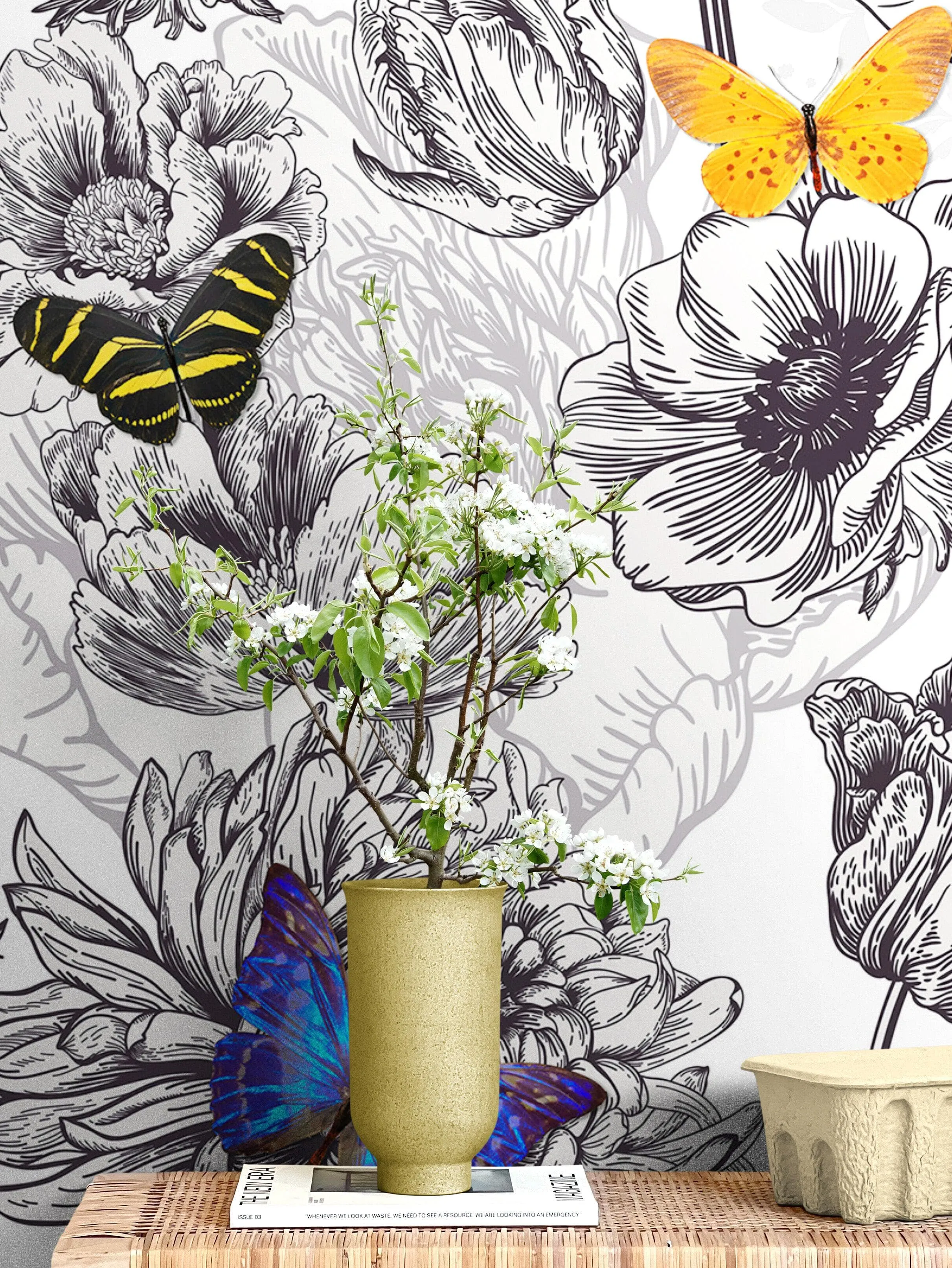 Butterflies in Flower Garden Wall Mural. Retro Black and White Illustration Floral Design. #6320