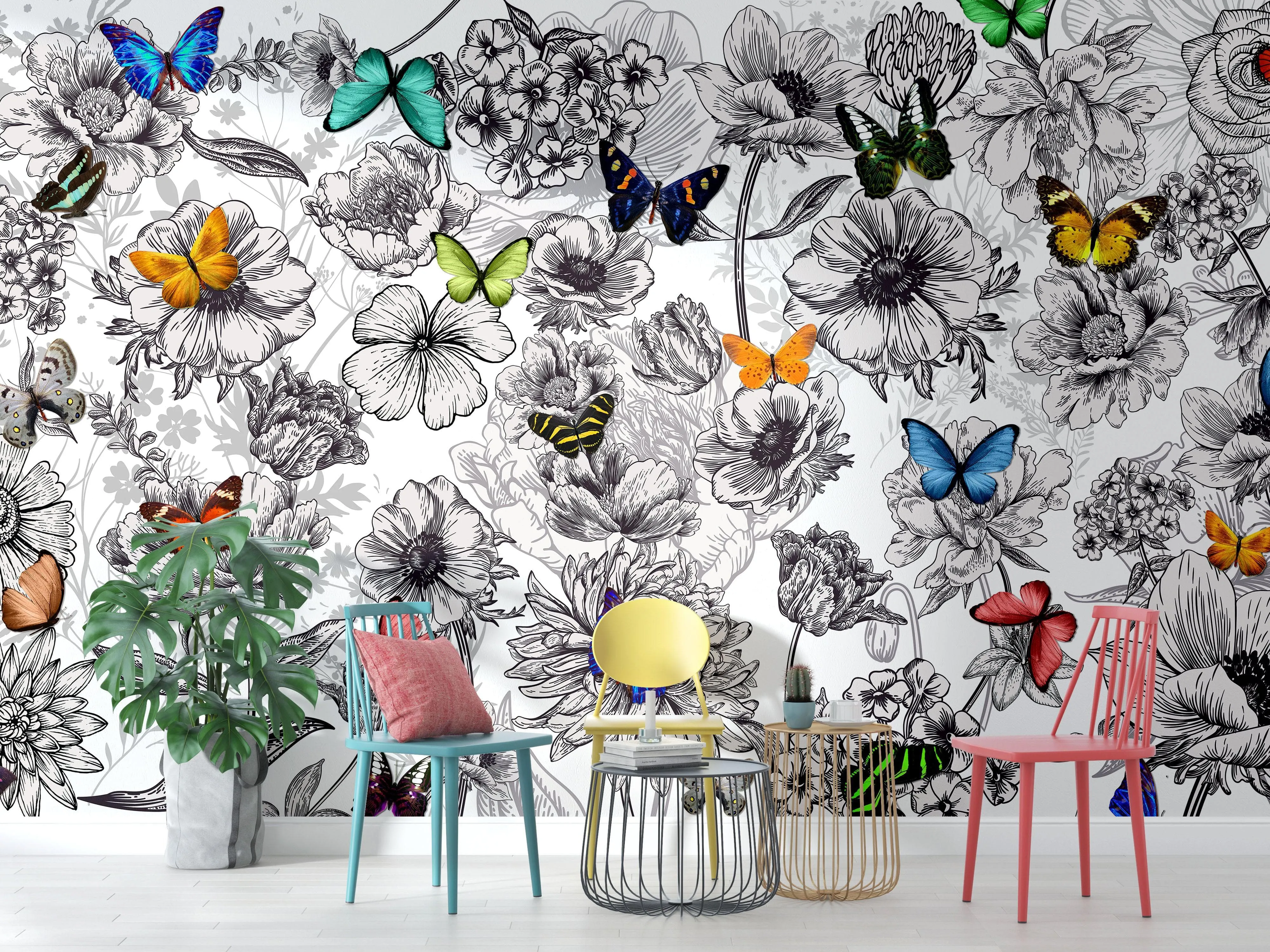 Butterflies in Flower Garden Wall Mural. Retro Black and White Illustration Floral Design. #6320