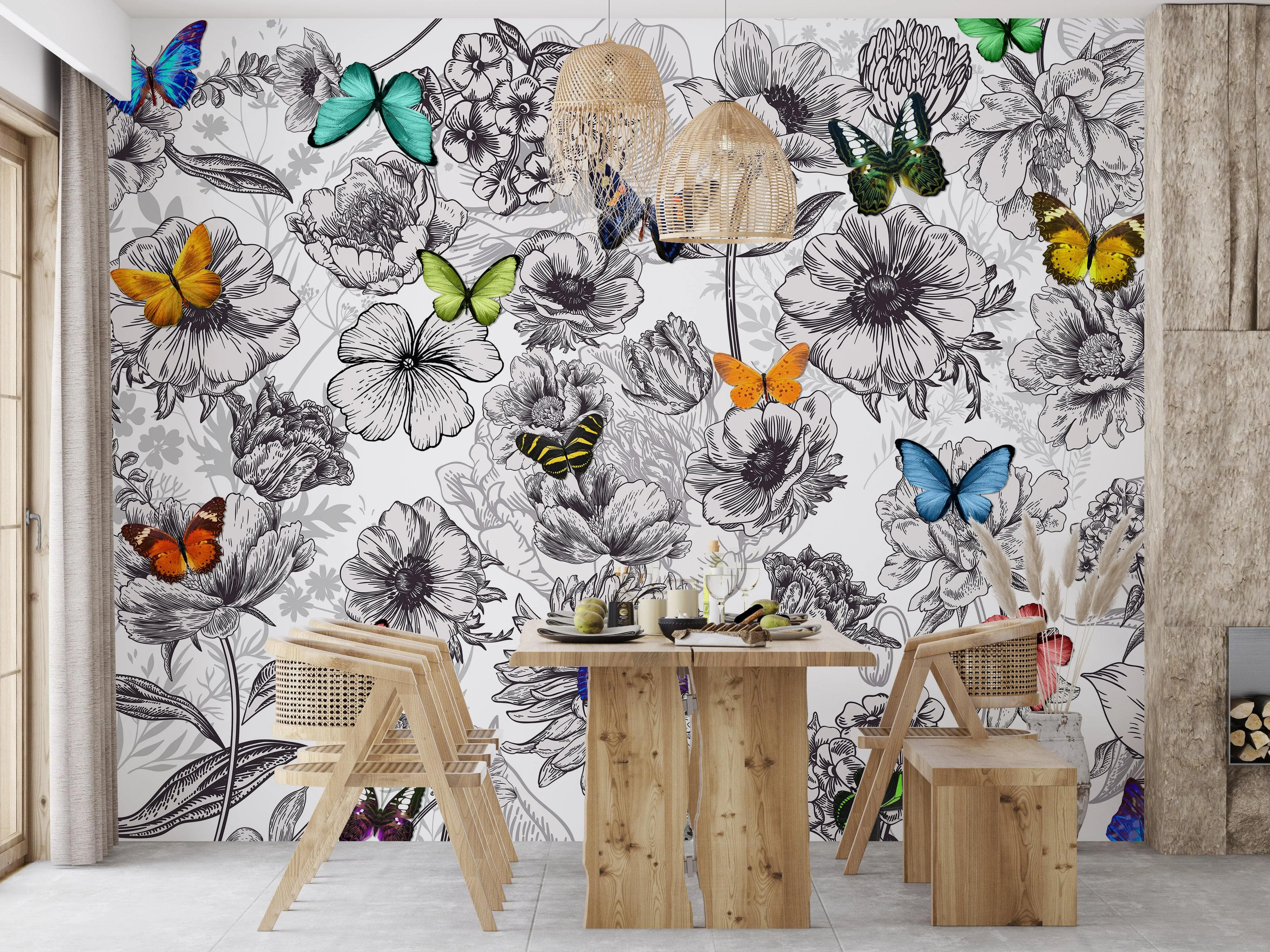 Butterflies in Flower Garden Wall Mural. Retro Black and White Illustration Floral Design. #6320