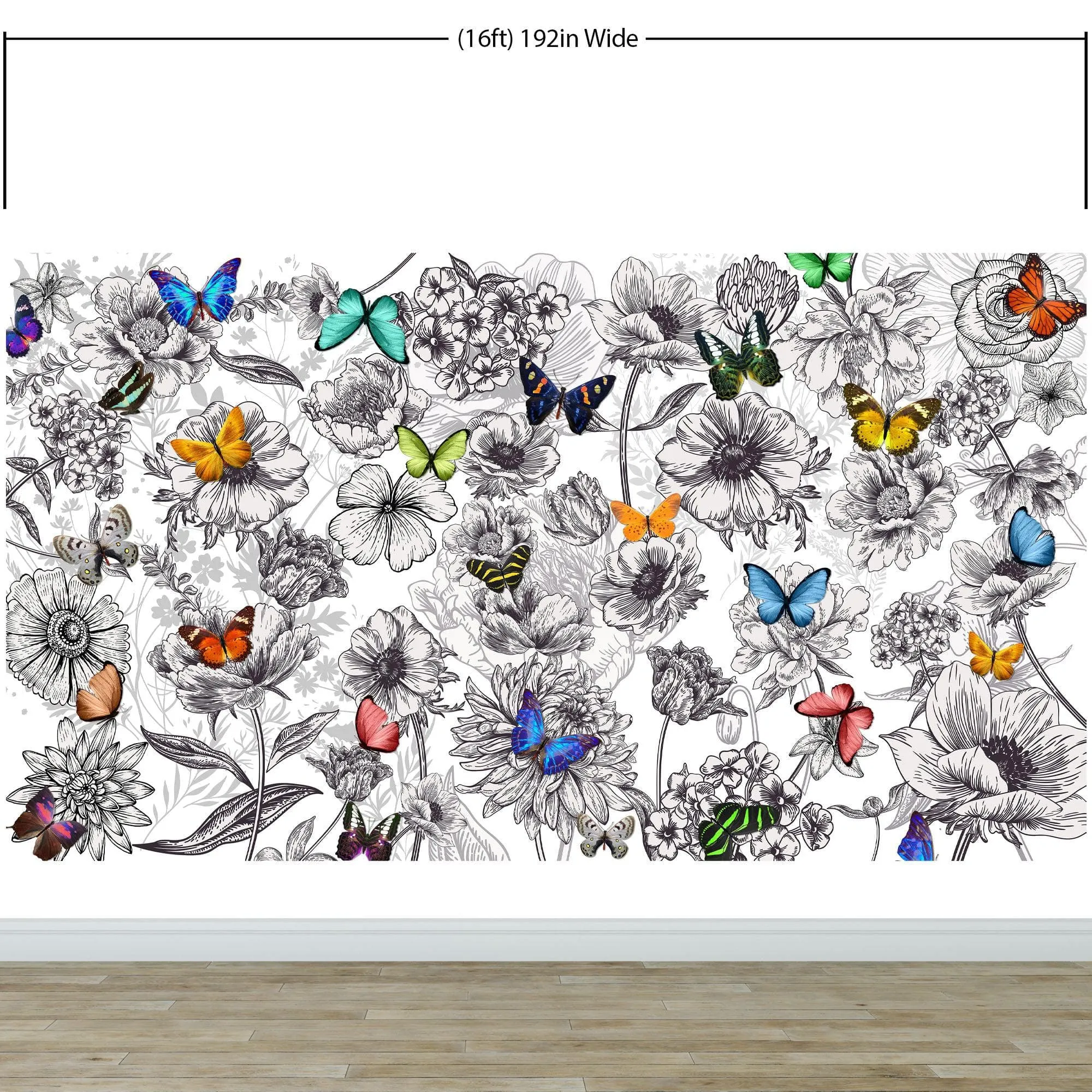 Butterflies in Flower Garden Wall Mural. Retro Black and White Illustration Floral Design. #6320