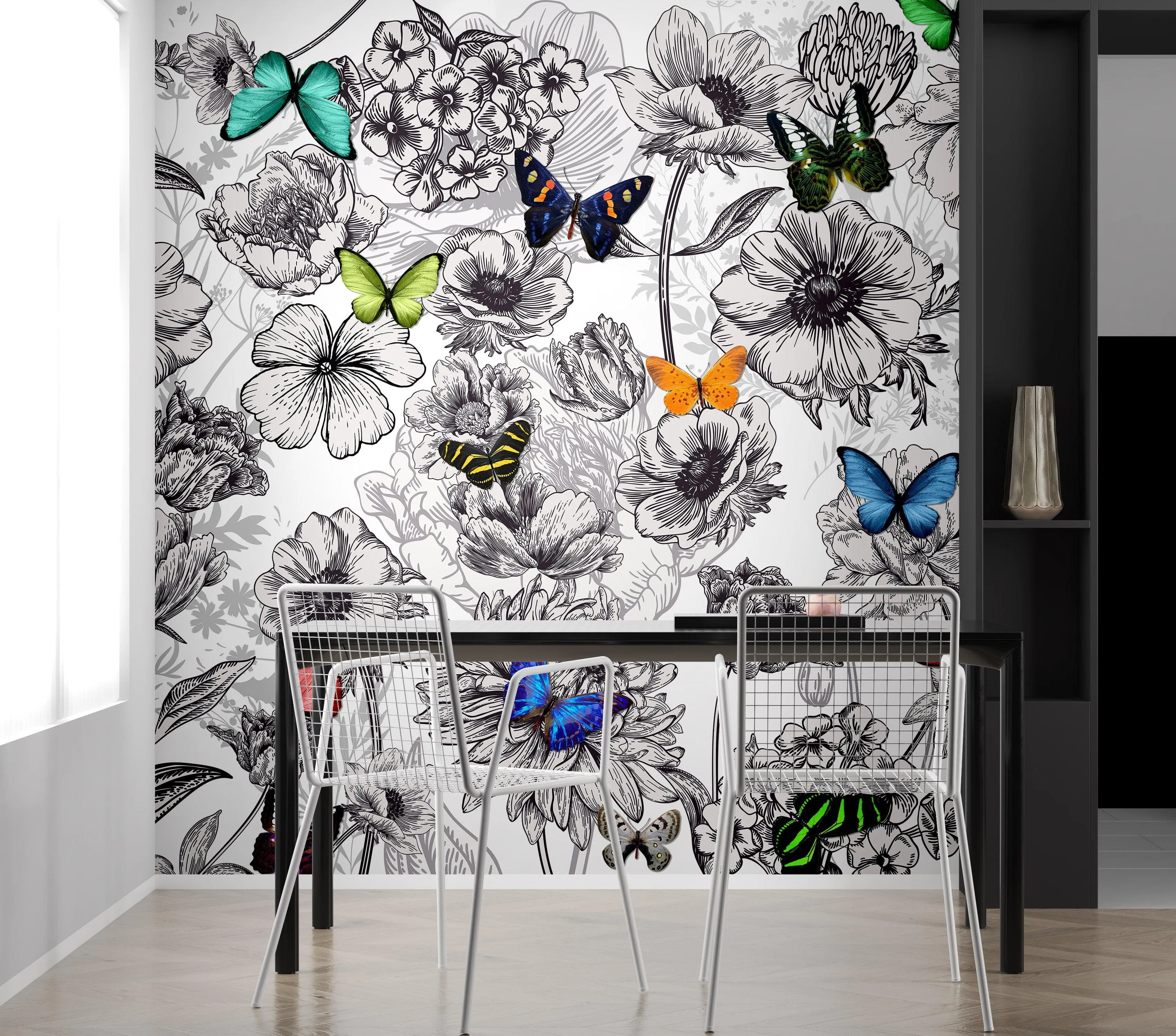 Butterflies in Flower Garden Wall Mural. Retro Black and White Illustration Floral Design. #6320