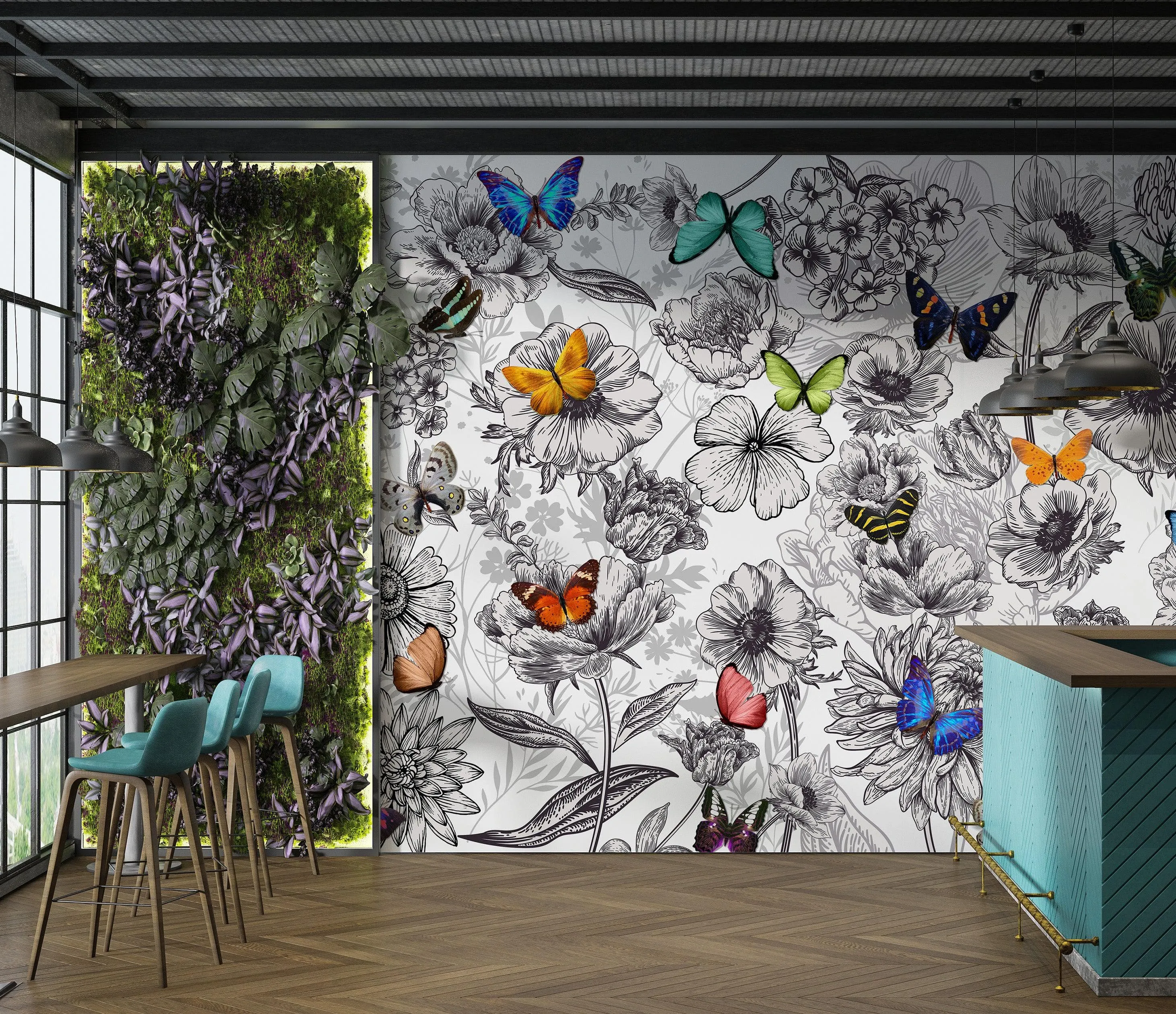 Butterflies in Flower Garden Wall Mural. Retro Black and White Illustration Floral Design. #6320