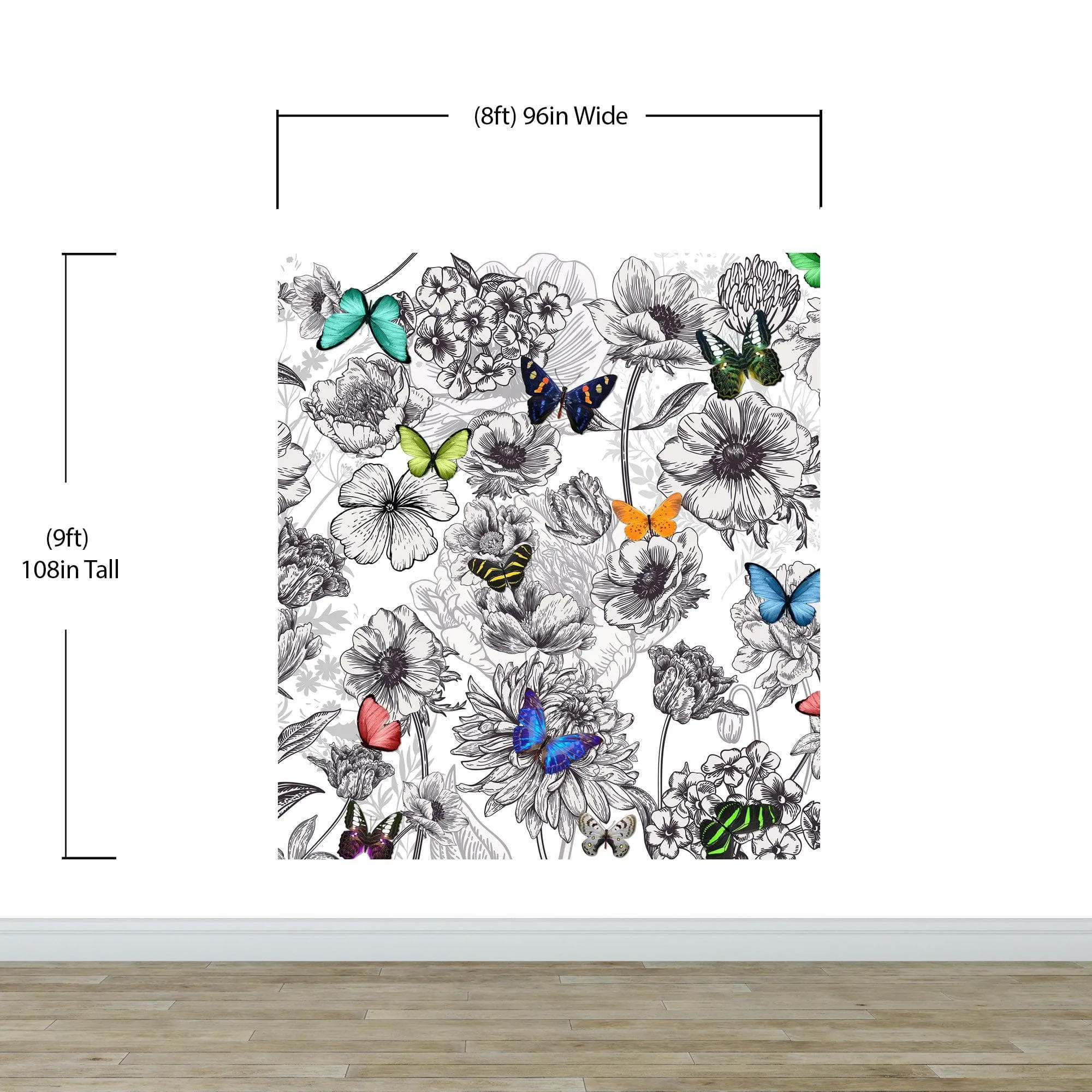 Butterflies in Flower Garden Wall Mural. Retro Black and White Illustration Floral Design. #6320