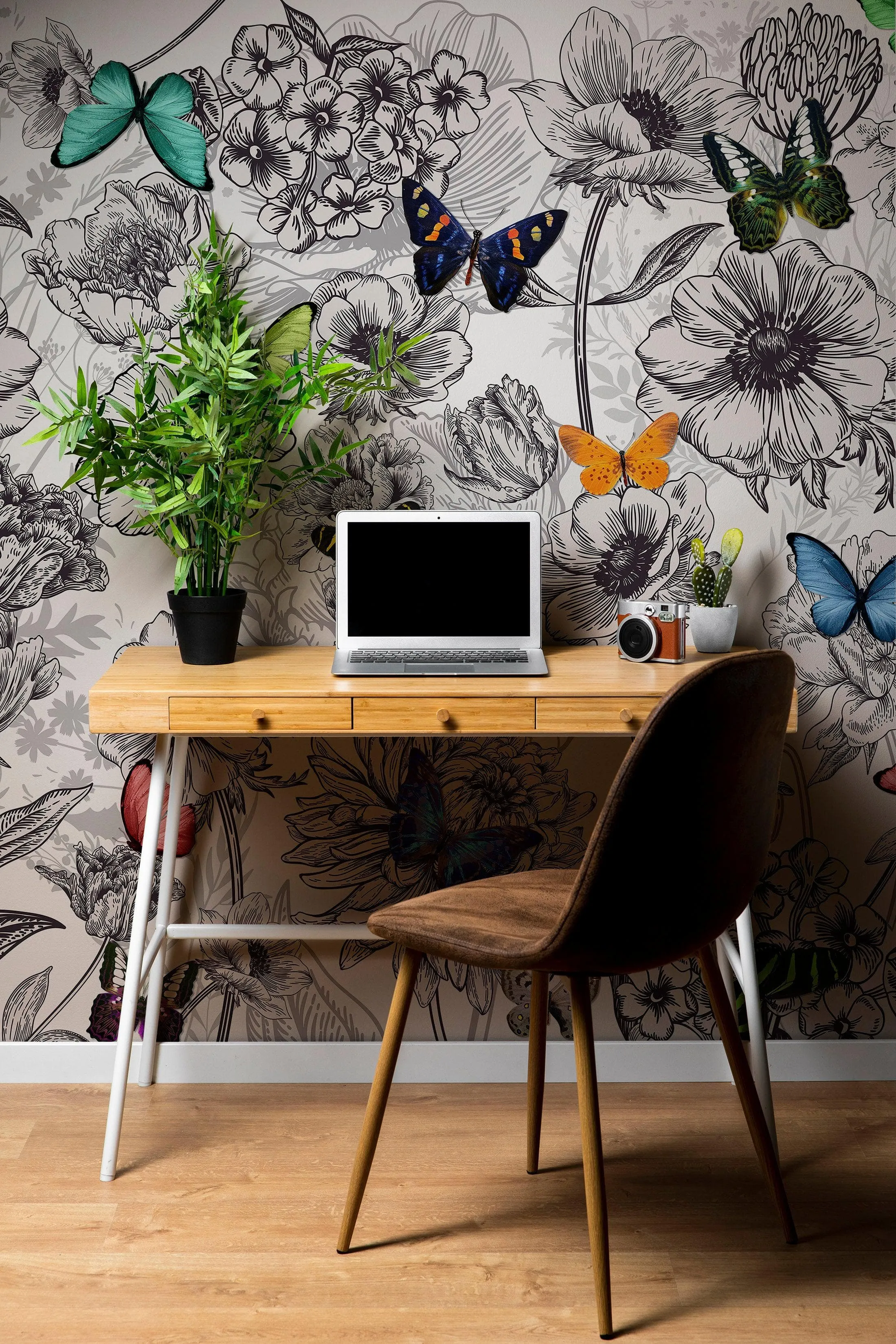 Butterflies in Flower Garden Wall Mural. Retro Black and White Illustration Floral Design. #6320