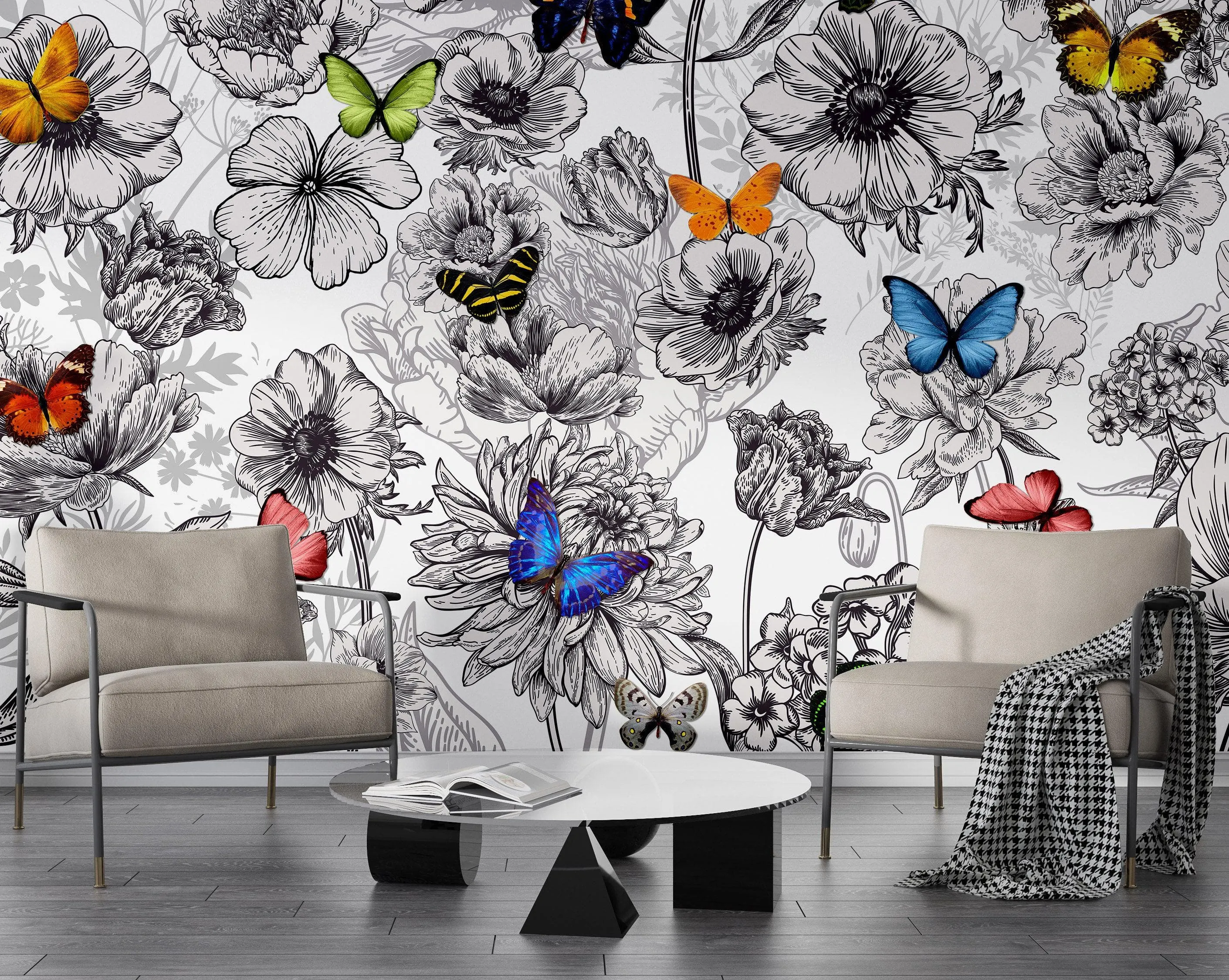 Butterflies in Flower Garden Wall Mural. Retro Black and White Illustration Floral Design. #6320