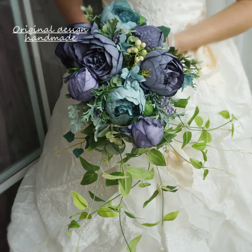 Cascade Bridal Bouquet Blue for Wedding Party Proposal