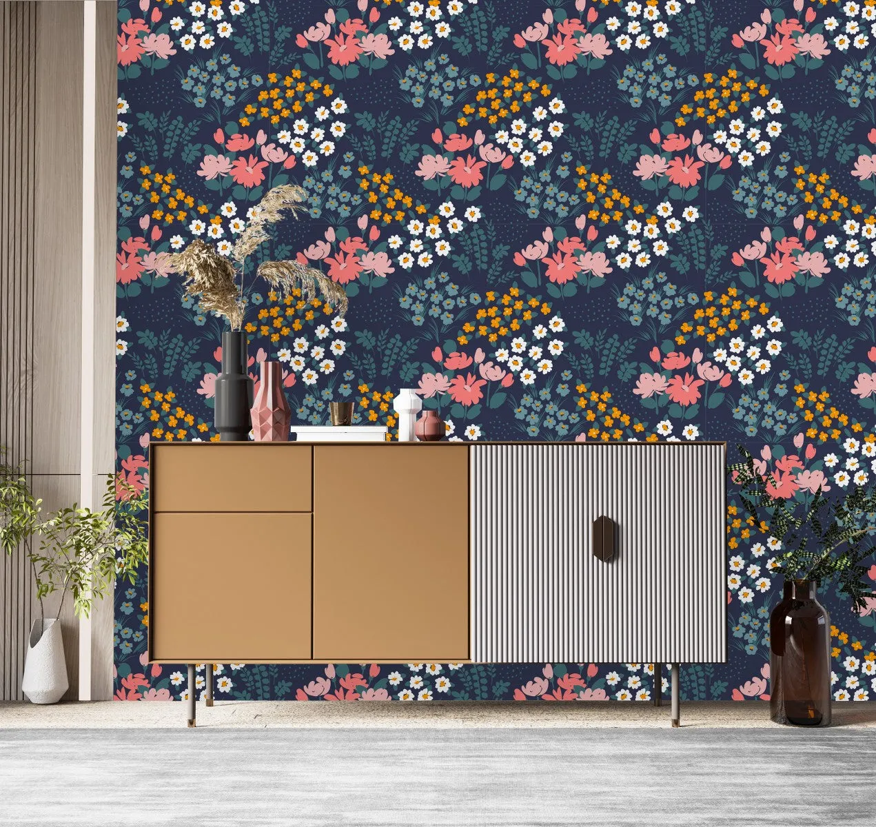 Contemporary Dark Wallpaper with Brightly Flowers