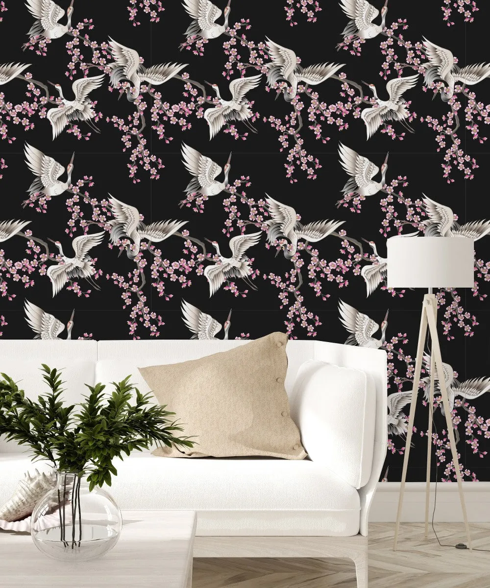 Contemporary Sakura and Cranes Wallpaper Vogue