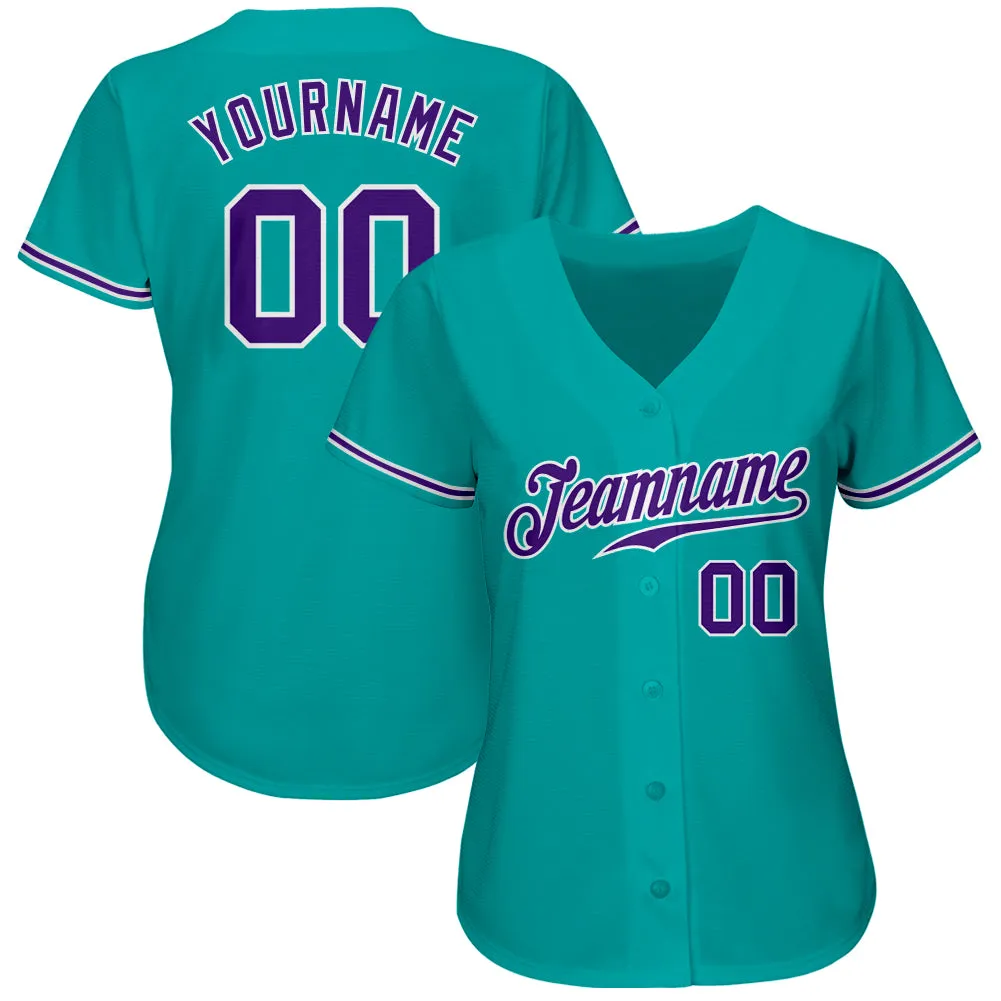 Custom Aqua Purple-White Authentic Baseball Jersey