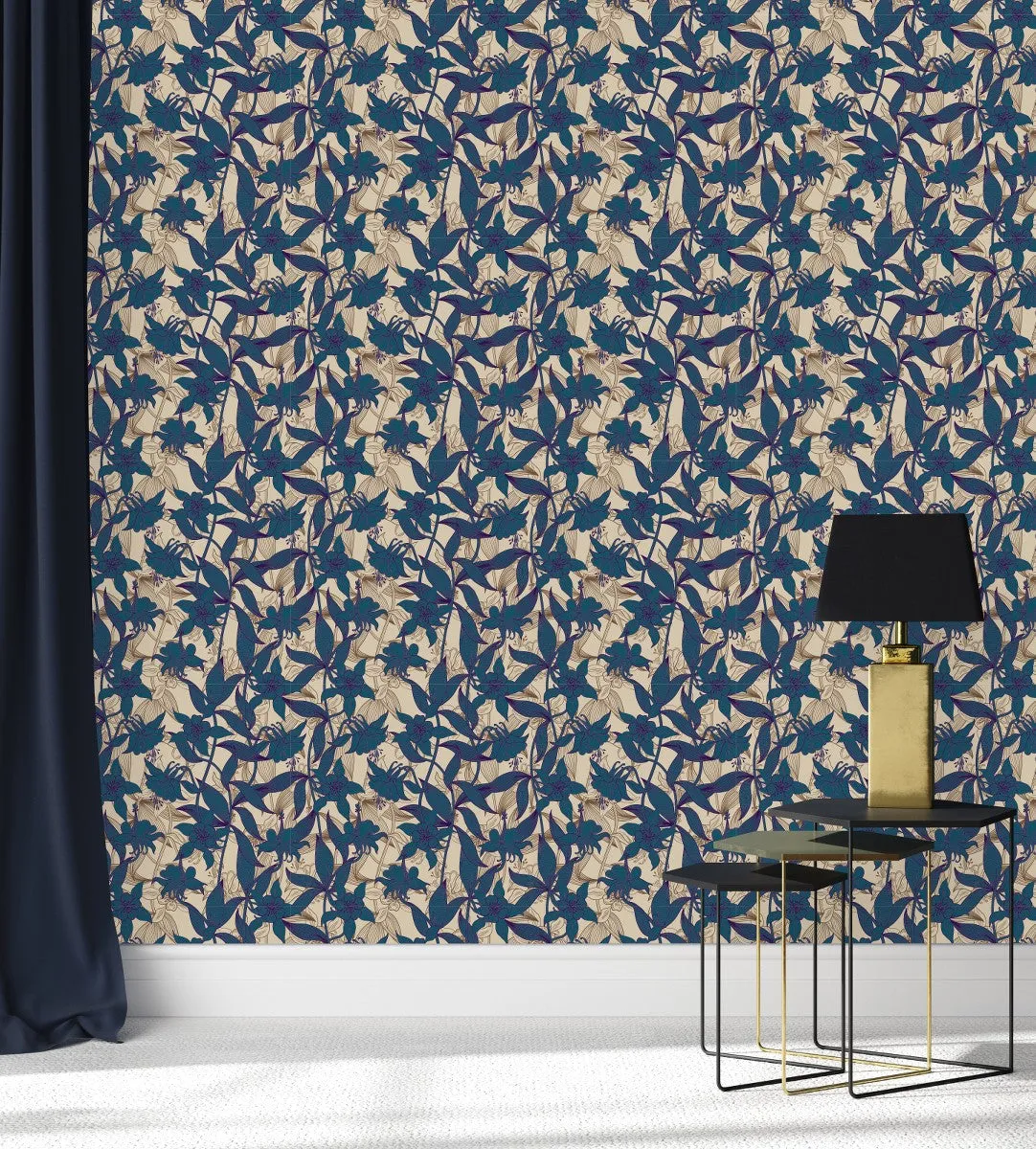 Dark Blue and Beige Floral Wallpaper