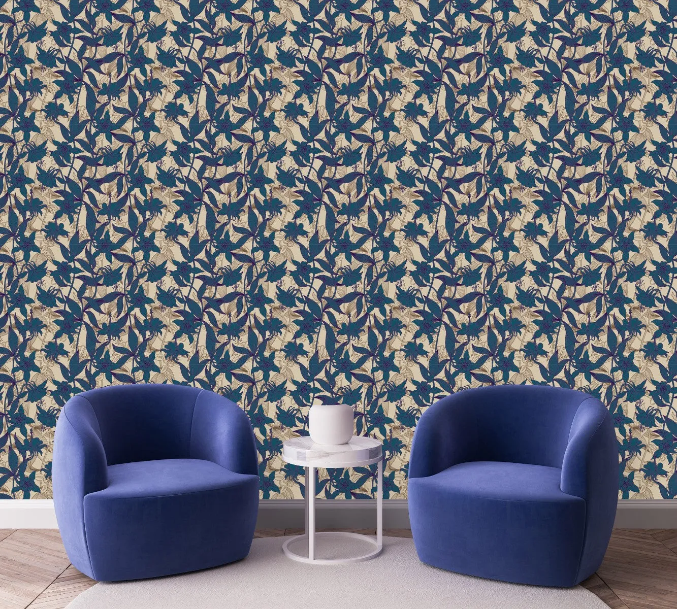 Dark Blue and Beige Floral Wallpaper