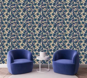 Dark Blue and Beige Floral Wallpaper