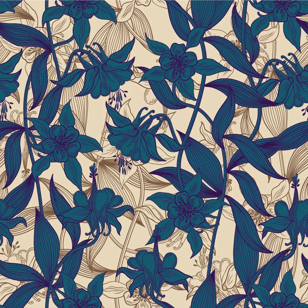 Dark Blue and Beige Floral Wallpaper