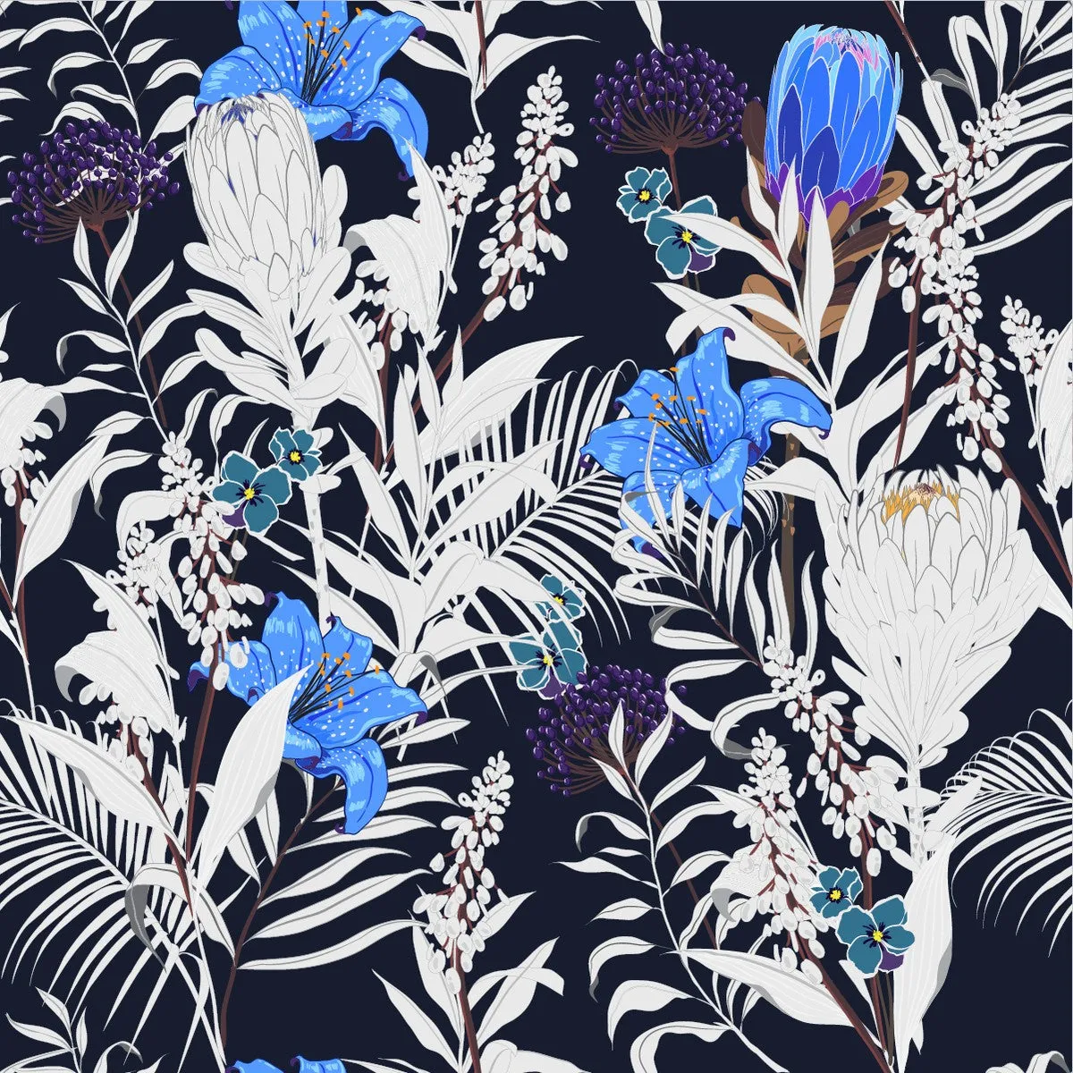 Dark Blue Wallpaper with Blue Flowers