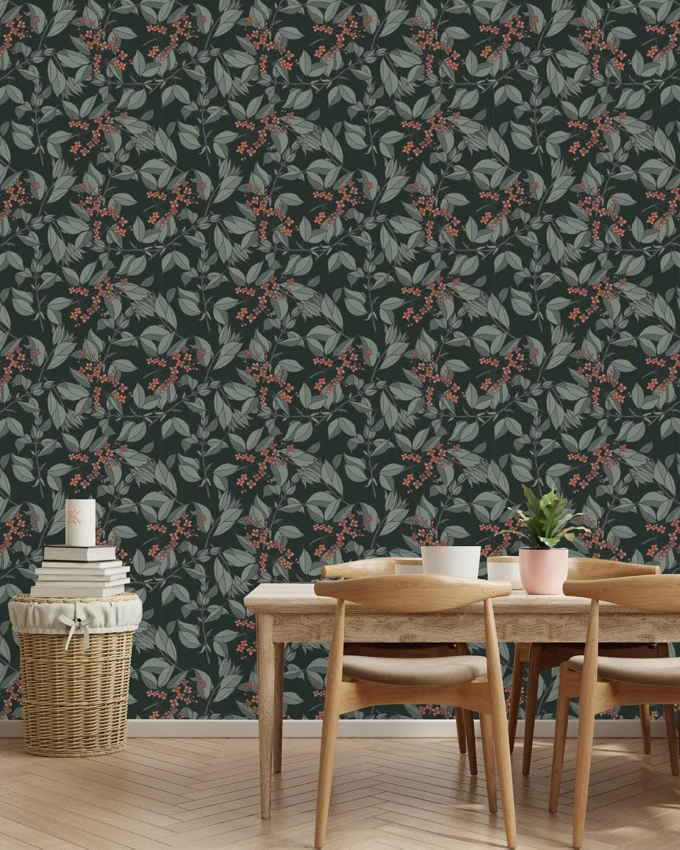 Dark Wallpaper with Little Red Flowers