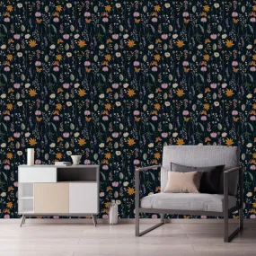 Dark Wallpaper with Wildflowers and Butterflies