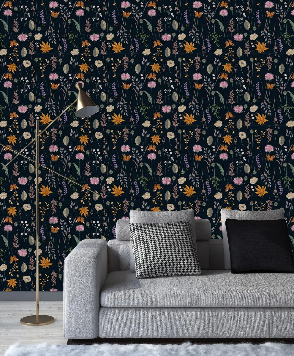 Dark Wallpaper with Wildflowers and Butterflies