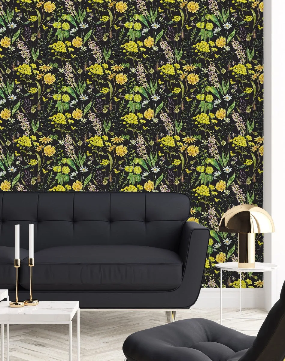 Dark Wallpaper with Yellow Flowers