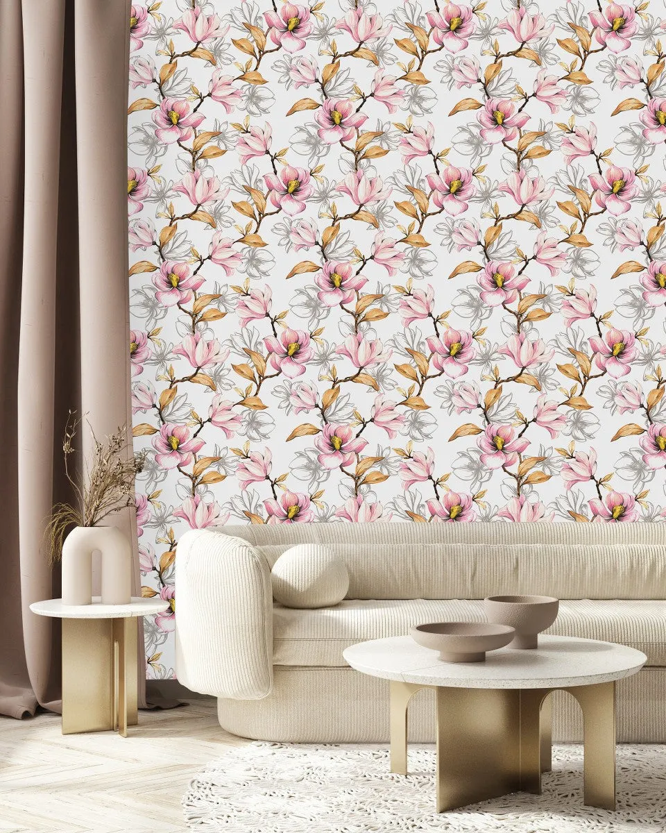 Fashionable White Wallpaper with Pink Flowers Chic