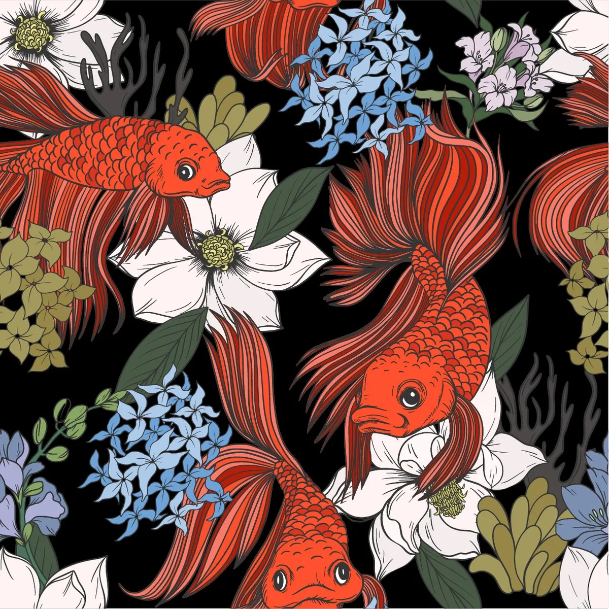 Fish between Flowers Wallpaper