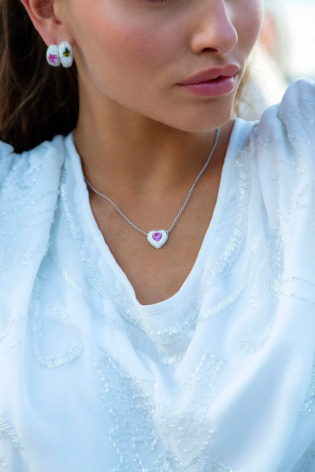 Fushia Heart Adjustable Necklace - silver