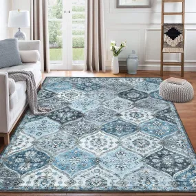 GARVEE 10x13 Area Rug Extra Large Moroccan Trellis Machine Washable Rug Vintage Medallion Distressed Accent Rug Stain Resistant Non-Slip Floor Cover Carpet Rug for Living Room Bedroom, Blue/Grey