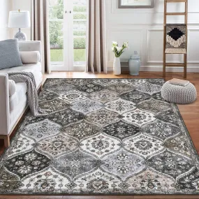 GARVEE 10x13 Area Rug Extra Large Moroccan Trellis Machine Washable Rug Vintage Medallion Distressed Accent Rug Stain Resistant Non-Slip Floor Cover Carpet Rug for Living Room, Grey/Taupe