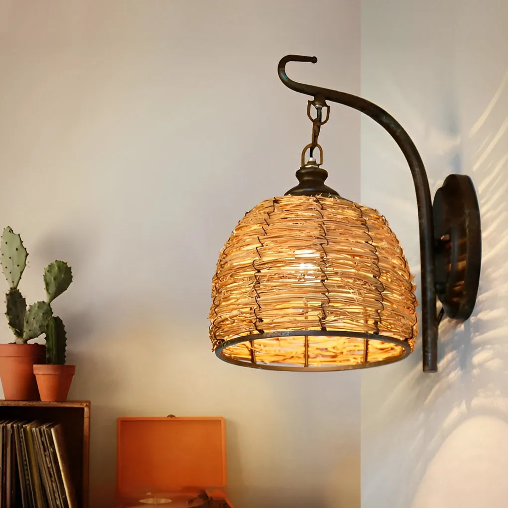 Hand Weaving Rattan Grass Iron Retro Rustic Wall Lamp Wall Light Fixture