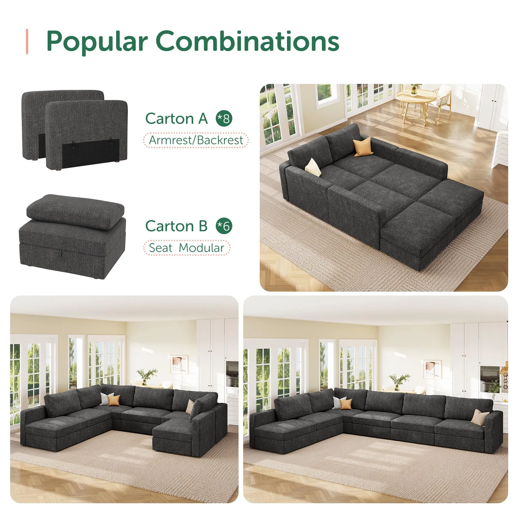 HONBAY Oversized Modular Sectional Sofa with Storage Seats, Reversible Sectional Couch with Removable Covers, Modular Sectional Couch for Living Room, Dark Gray