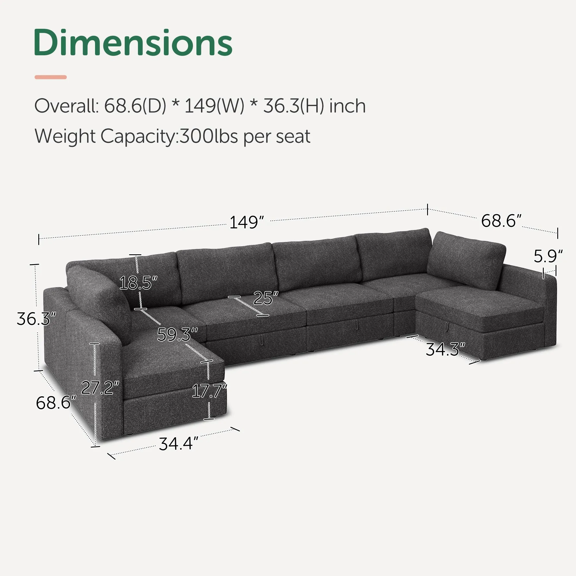 HONBAY Oversized Modular Sectional Sofa with Storage Seats, Reversible Sectional Couch with Removable Covers, Modular Sectional Couch for Living Room, Dark Gray