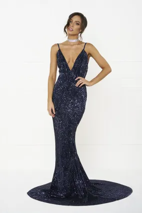 Honey Couture ROSALIE Blue Low Back Sequin Formal Gown Dress