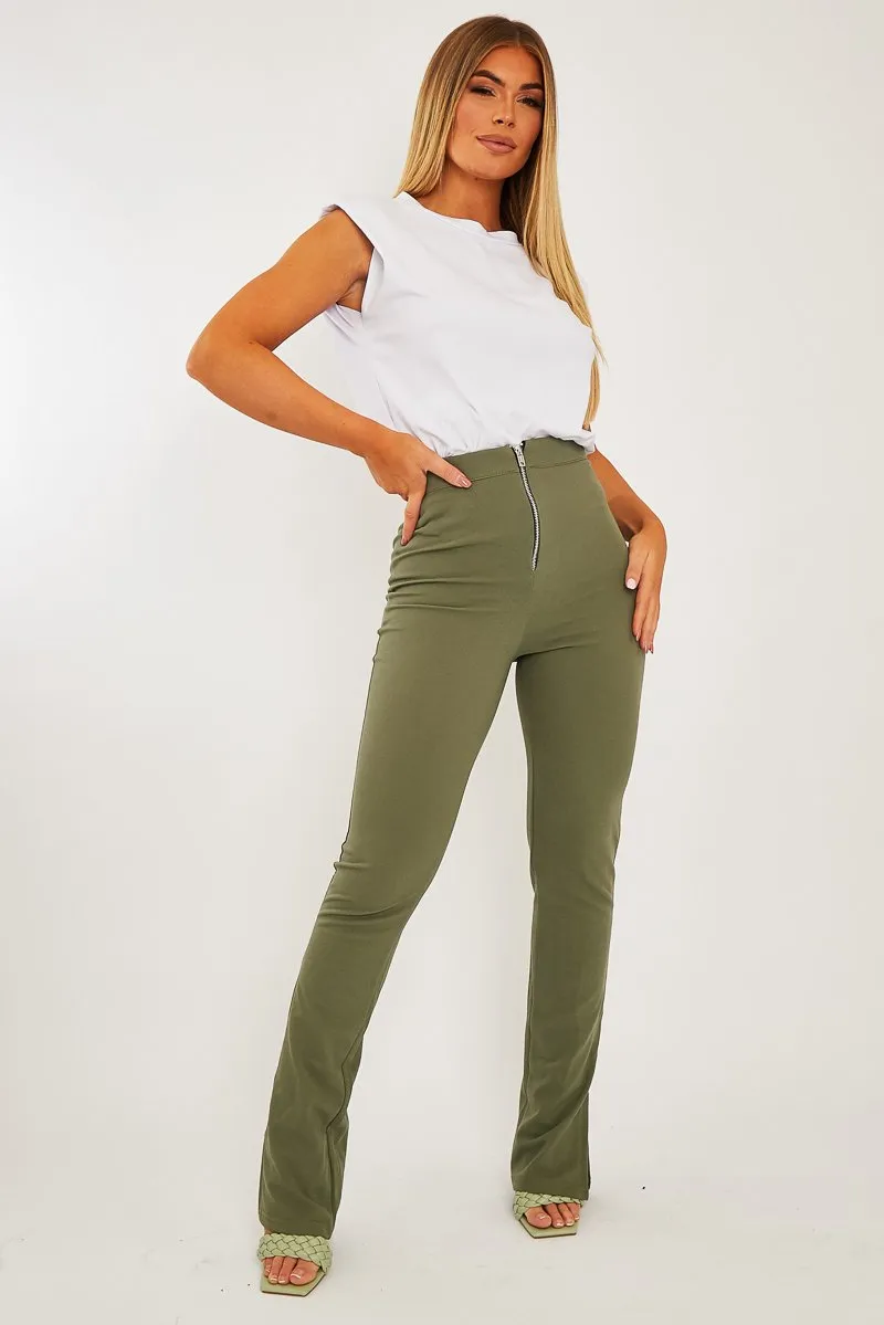 Khaki Ring Zip Front Split Side Crepe Trousers - Ashton