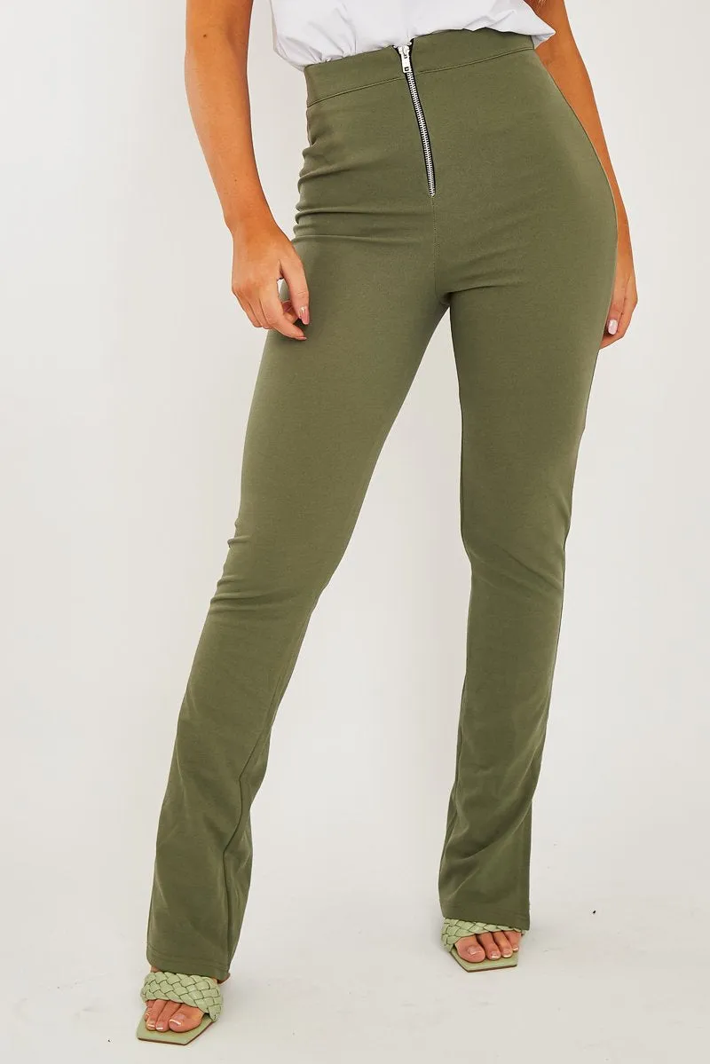 Khaki Ring Zip Front Split Side Crepe Trousers - Ashton